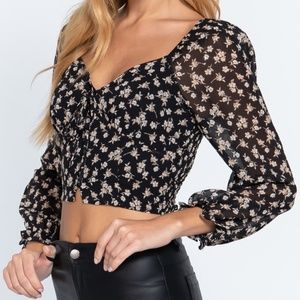 Floral Print Long Sleeve Tie Detail Crop Top